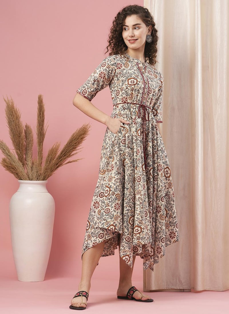 Globus Women Floral Printed Tie Up A Line Midi Dress - Image 3